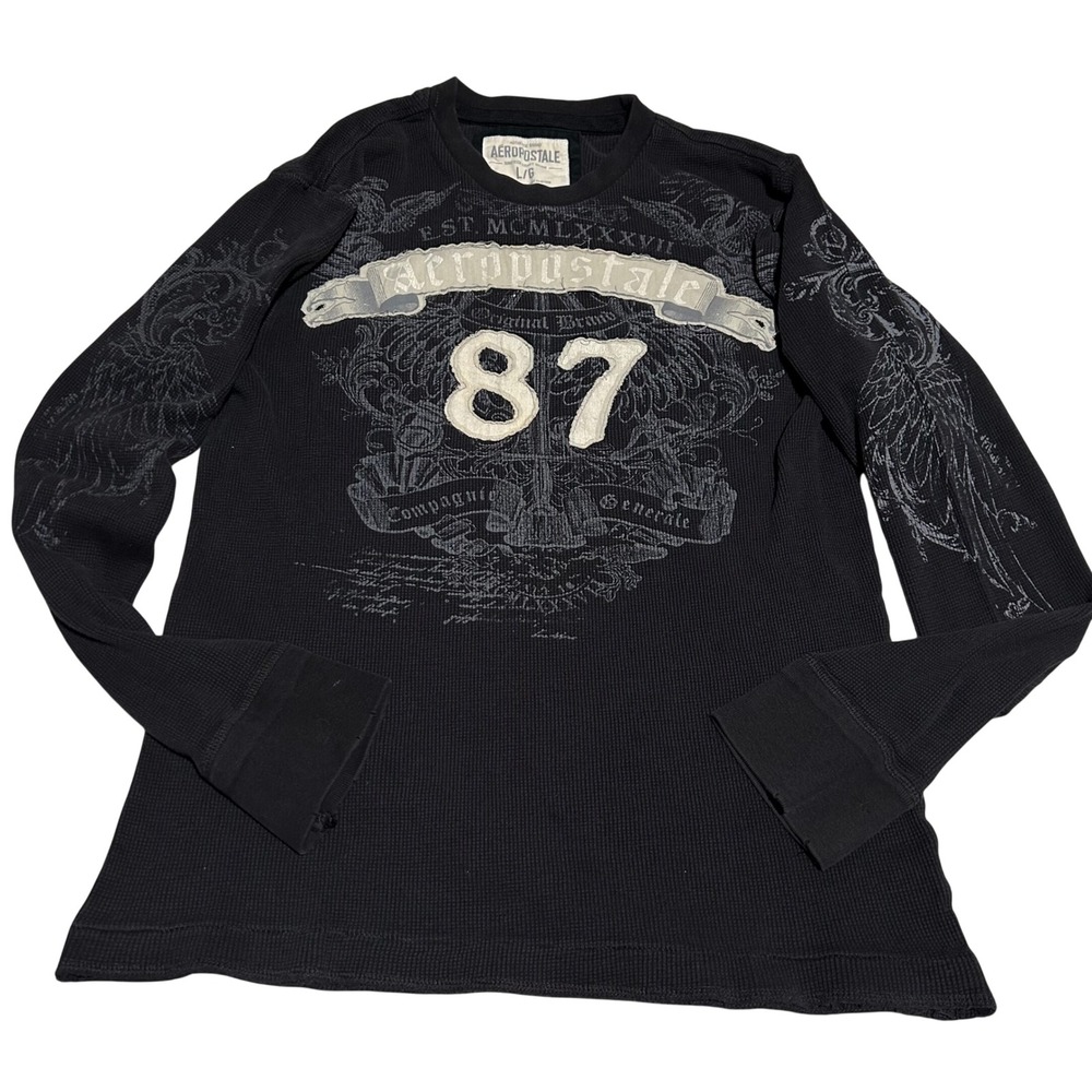 VTG Aeropostale Thermal Shirt Mens Large Black Graphic Y2K Grunge Waffle Knit